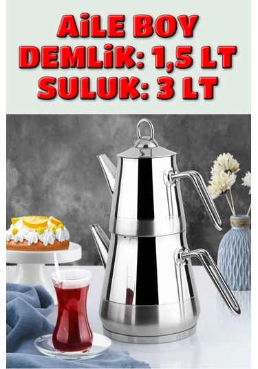 Piramit Paslanmaz Çelik Çaydanlık Takımı Aile Boy Metal Kulp 3059 Gümüş Kulp