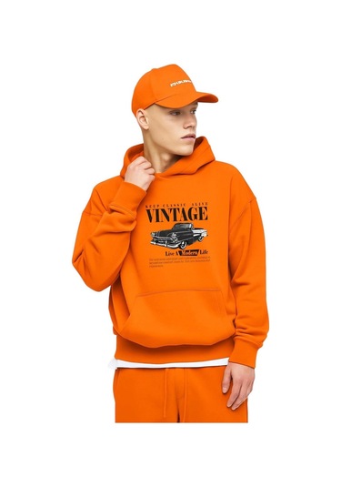 Vintage Baskılı Sweatshırt Turuncu