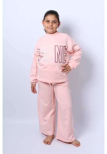 Kız Çocuk Eşofman Takımı Kordonlu Baskılı İspanyol Paça C37 Yavruağzı