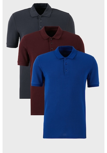 Buratti Pamuklu Regular Fit Düğmeli Polo Yaka 3'Lü Paket Erkek T Shirt 5902127S3 Vişne-Antrasit-Saks
