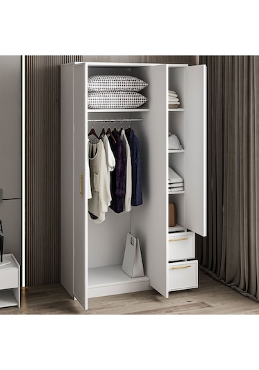 Vespera Çıta Detaylı 3 Kapaklı, Çekmeceli Gardırop Beyaz, 90 Cm