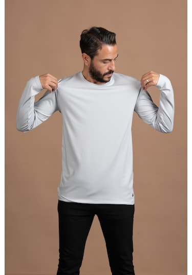 Regular Fit Bisiklet Yaka Rayon Kumaş Full Likralı Uzun Kol Sweatshirt Gri