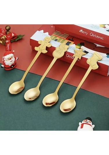 4 Lü Yılbaşı Kaşığı Seti Gold - Paslanmaz Çelik - Yılbaşı Hediyel