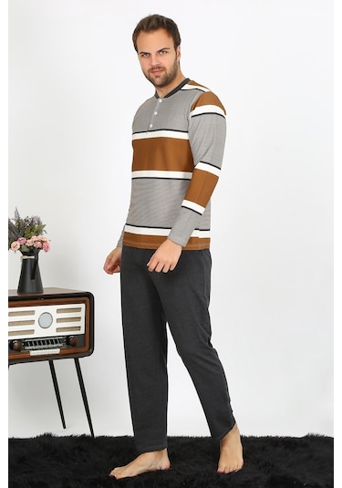 Akbeniz Erkek Uzun Kol Penye Pijama Takım 6845-Sütlü Kahve Açık Kahverengi