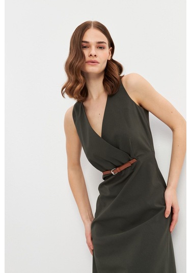 Stella Pulvis Haki Kemerli Kruvaze Midi Elbise