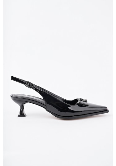 Muggo Forest Arkası Açık Toka Detaylı Günlük Klasik Topuklu Kadın Stiletto Ayakkabı Siyah-Rugan