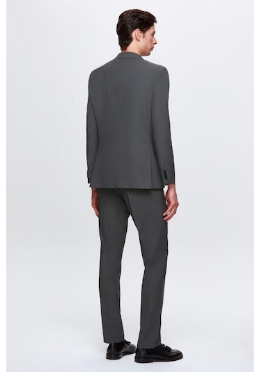 D's Damat Slim Fit Gri Düz Likralı Esnek Mono Yaka Çift Yırtmaçlı Astarlı Takim Elbise Gri