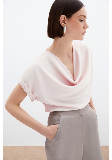 Sateen Kollar Taş Detaylı Salaş Bluz - Pudra-136465 Pudra