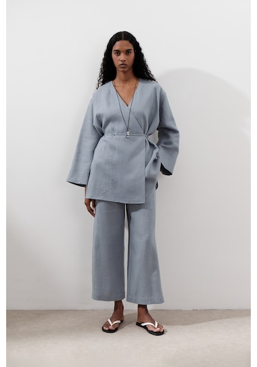 Keten Kruvaze Kapama Kimono Mavi Mavi