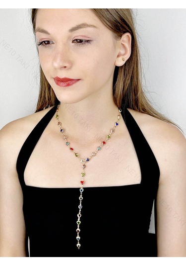 Y Kolye, Taşlı, Çok Renkli, Kalpli, Kolye 432, Kasa Altın Renk altın