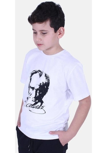 Atatürk Baskılı İmzalı Beyaz Unisex Çocuk T-shırt-beyaz Beyaz