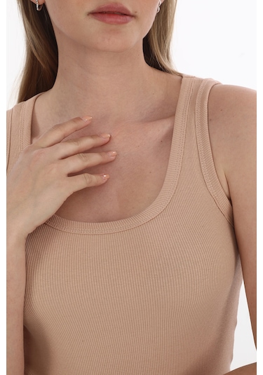 Monox Kadın Fitilli Likralı Pamuklu Askılı Atlet Vizon