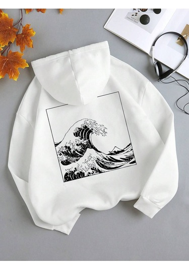 Coke Serisi Waves Print Kangaroo Pocket Drawstring Thermal Hoodie-trzksw872 Beyaz