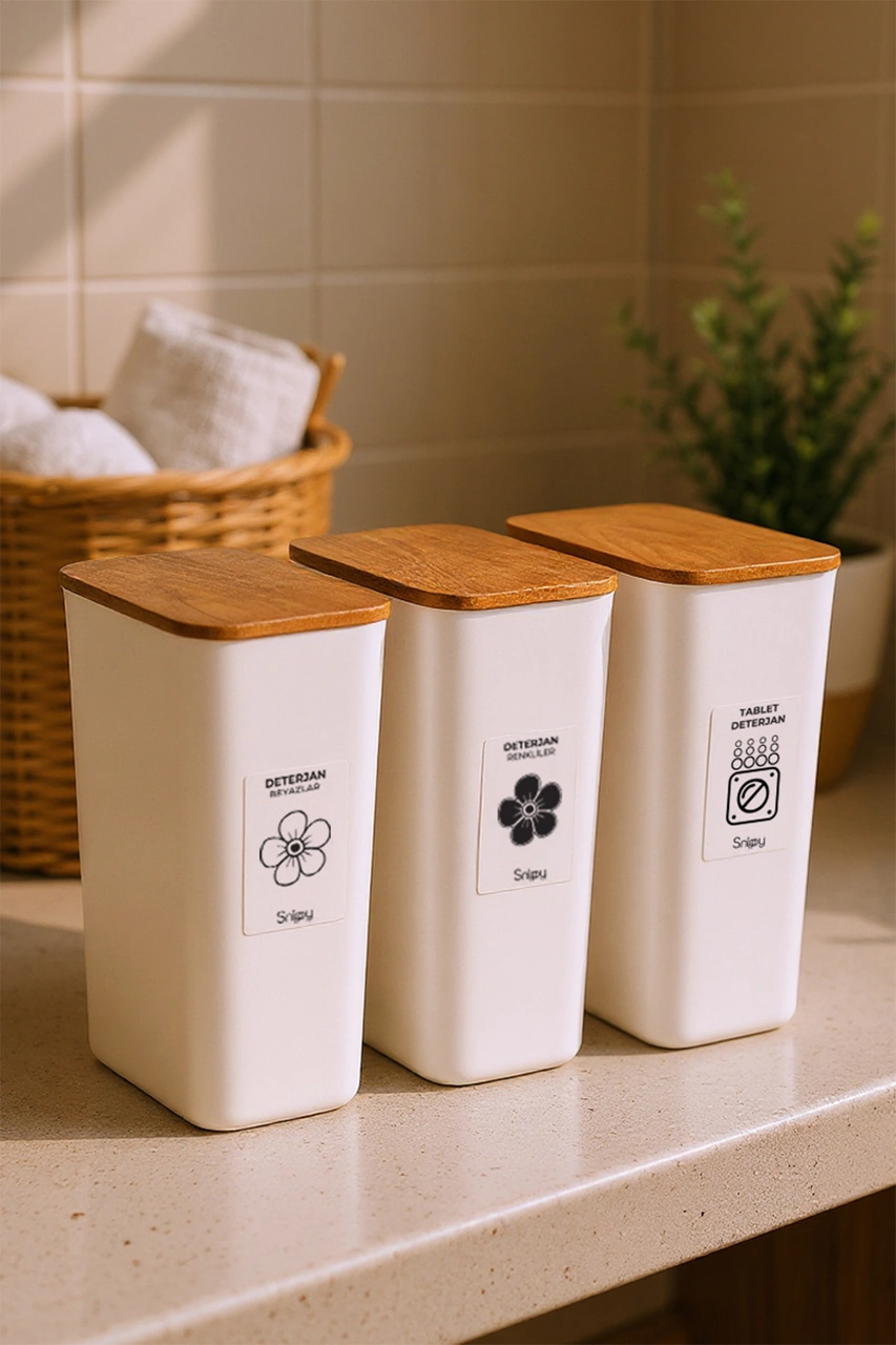 Clean - 3'lü Büyük Boy Deterjan Saklama Kutusu Etiketli Banyo Toz Tablet Toz Deterjan Kutusu 2900 Ml Ahşap