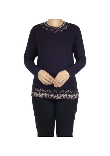 Kadın Yaka Ve Etek Desenli Taşlı Likralı Bluz-arpbattal2 Mor