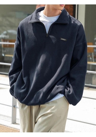 Genıus Store Erkek Polar Oversize Sweatshirt Polar Sweatshirt Lacivert