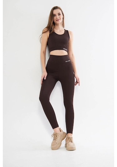 Lesa Wear Yüksek Bel Likralı Toparlayıcı Tayt Crop Takım Kahverengi