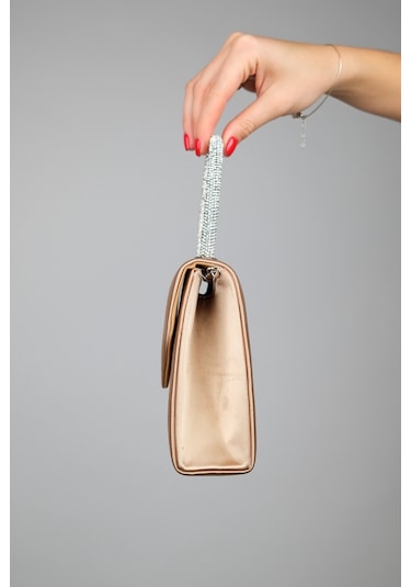 Luvishoes Monako Koyu Bej Saten Taşlı Kadın El Çantası Koyu Bej