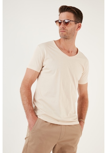 Buratti Pamuklu Slim Fit V Yaka Basic Erkek T Shirt 5412001 Bej