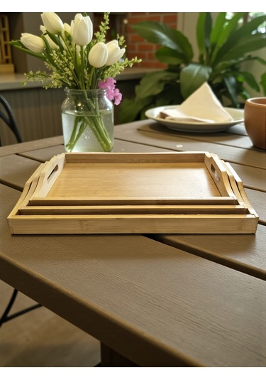 Mybru Dikdörtgen Bambu Tepsi 3'lü Set Ahşap