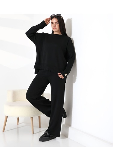 Rahat Kalıp Kol Detaylı Triko Takım Siyah