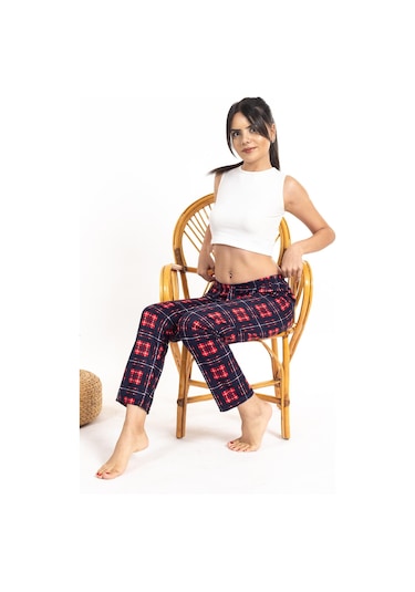 Kadın Ekoseli Süet Tek Alt Lacivert-Kırmızı