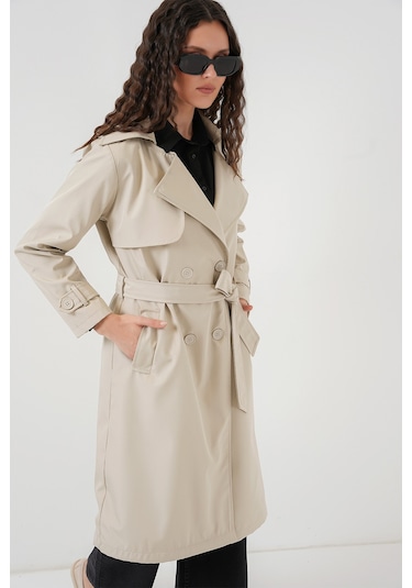 5918 Kruvaze Yaka Trençkot - Bej Bej