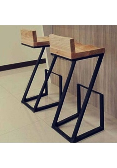 Sırtlıklı Endüstriyel Doğal Ahşap Bar Sandalyesi Siyah