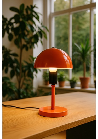Modern Turuncu Metal Masa Lambası Mantar Başlıklı Dekoratif Masa Ve Komodin Lambası Turuncu