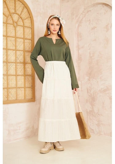 Kadın Ekstra Uzun Duble Kol / Yakası Yırtmaçlı Salaş Sweatshirt Bluz 3470190 Haki