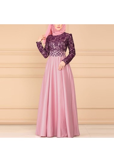 Sones Dantel Dikiş Retro Büyük Salıncak Elbise Etnik Stil Uzun Kollu İnce Elbise Pembe