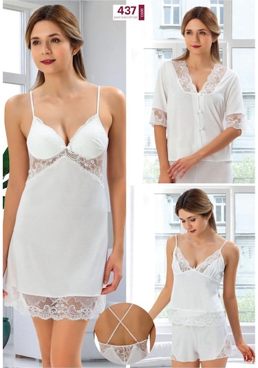 Duchesse 437 Çeyizlik Dantelli Saten 6'lı Set -ekru Ekru