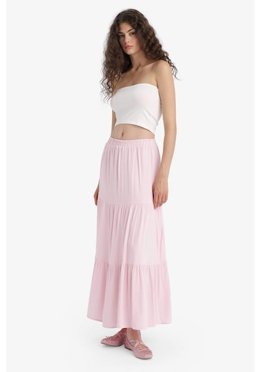 Defacto Yüksek Bel Pamuk Astarlı Krinkıl Viskon Maxi Etek D5033ax25smpn648 Pembe