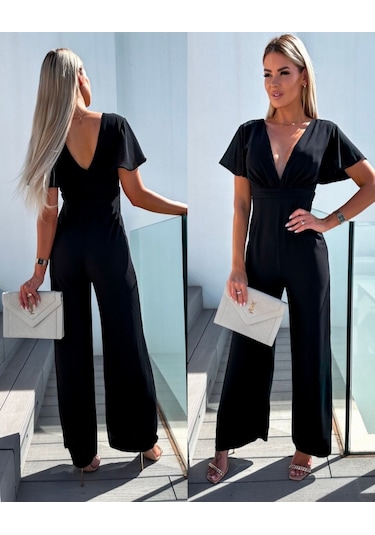 Munn Collection Kadın Kısa Kollu Kruvaze Yaka Sırt Dekolteli Pegasus Kumaş Tulum Siyah