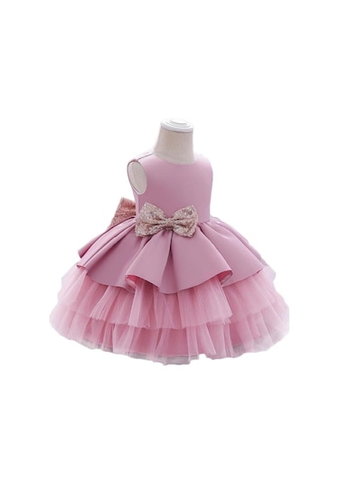 Pudra Pembe Kat Kat Tüllü Kurdelalı Kız Çocuk Elbise - Kat Kat Tül Elbise - Pembe