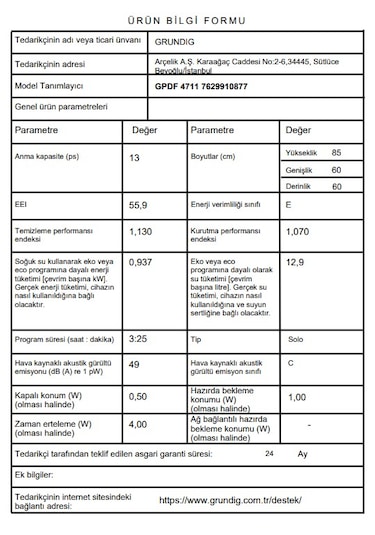 Grundig GPDF 4711 4 Programlı 13 Kişilik Bulaşık Makinesi