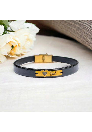 Archin Gül İsmine Özel Hakiki Siyah Derili Kalp Figürlü 14 Ayar Altın Plakalı Hediye Bileklik-568isim Gül
