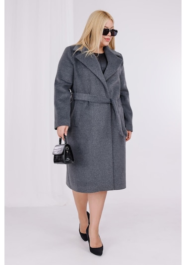 Kadın Gri Yün Kaşe Kemer Ve Astar Detay Büyük Beden Kaban Gri