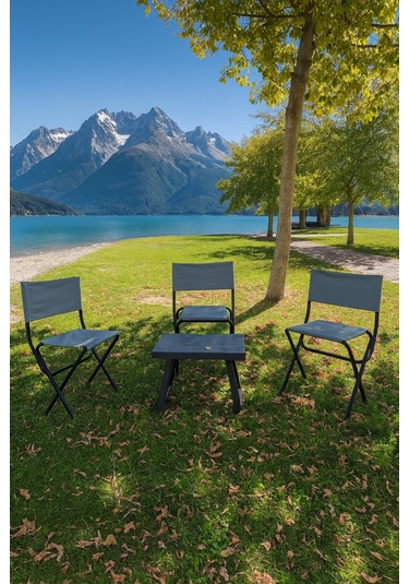 3'lü Katlanabilir Bahçe Piknik Balıkçı Kamp Seti Gri