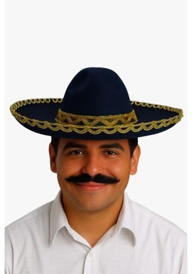 Meksika Mariachi Latin Şapkası Lüks 41cm Siyah Zemin Üstüne Altın Sim Kenarlıklı Parti Kostümü