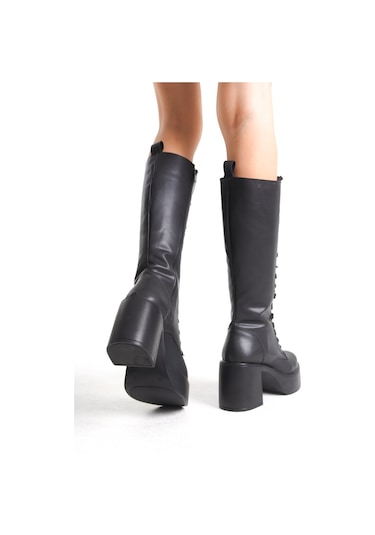 Ventes Kalın Taban Topuklu Fermuarlı Diz Altı Sade Bağcıklı Kadın Çizme Siyah Cilt