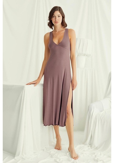 Monamise 18508 Kadın Kalın Askılı Sırt Dekolteli Yırtmaçlı Gecelik-kahve Kahve