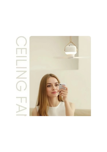 Xuweiwei Taşınabilir Kablosuz Mini Tavan Fanı Işıklı Uzaktan Kumandalı Usb Şarj Edilebilir 7200mah Pil Bej İç Dış Mekan Kamp Ev Ofis Modern Tasarım