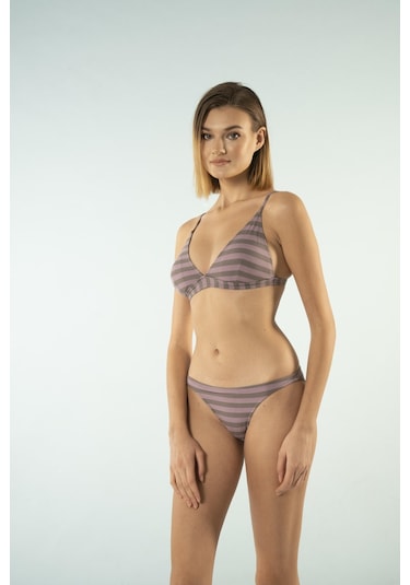 Estiva Bantlı Toparlayıcı Üçgen Bikini Takımı - Çizgili Mürdüm