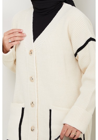 İlge Düğmeli Triko Hırka 1597 - Ekru Ekru