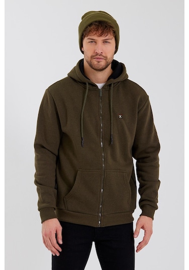 Polostate Erkek Fermuarlı Kanguru Cep 3 İplik Sweatshirt Haki