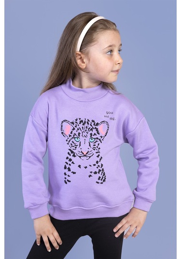 Toontoy Kız Çocuk Baskılı Balıkçı Yaka Pamuklu Sweatshirt Lila