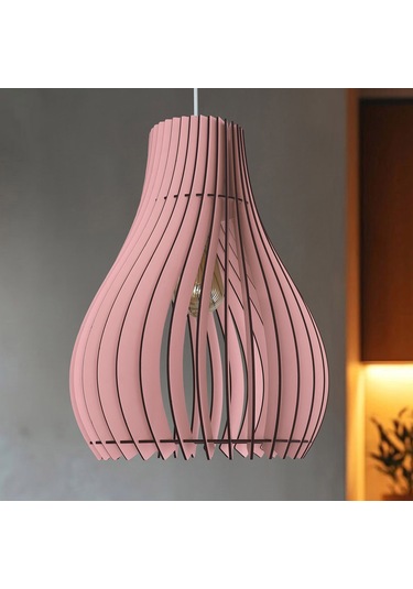 Vialux Modern Ahşap Bohem Rustik Avize Tekli Sarkıt Lamba Pembe Pembe