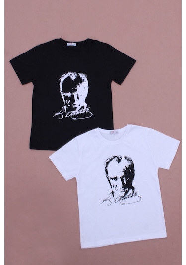 Fyk Kids 2'li Atatürk-imza Farklı Desenli Erkek-kız Çocuk T-shirt Siyah - Beyaz