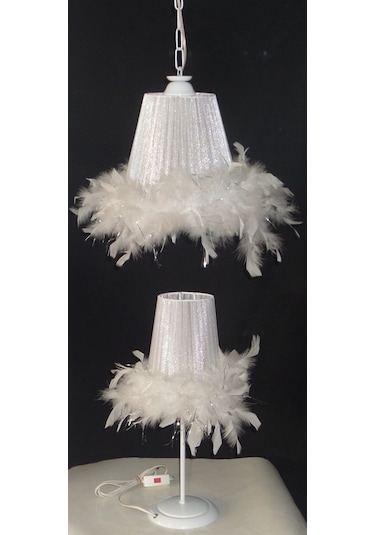 Beyaz Tüylü Avize Abajur Takımı Çocuk Odası Yatak Odası